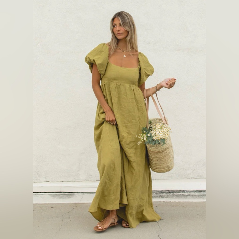 Solai the Label Puff Sleeve "French Riviera" Linen Dress